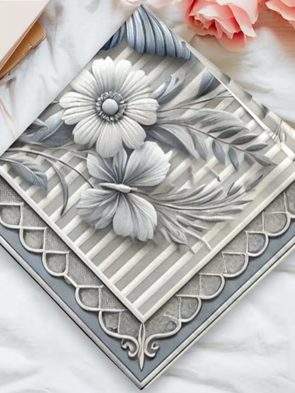 Butterfly & Floral Print Women's Scarf in Gray and Blue